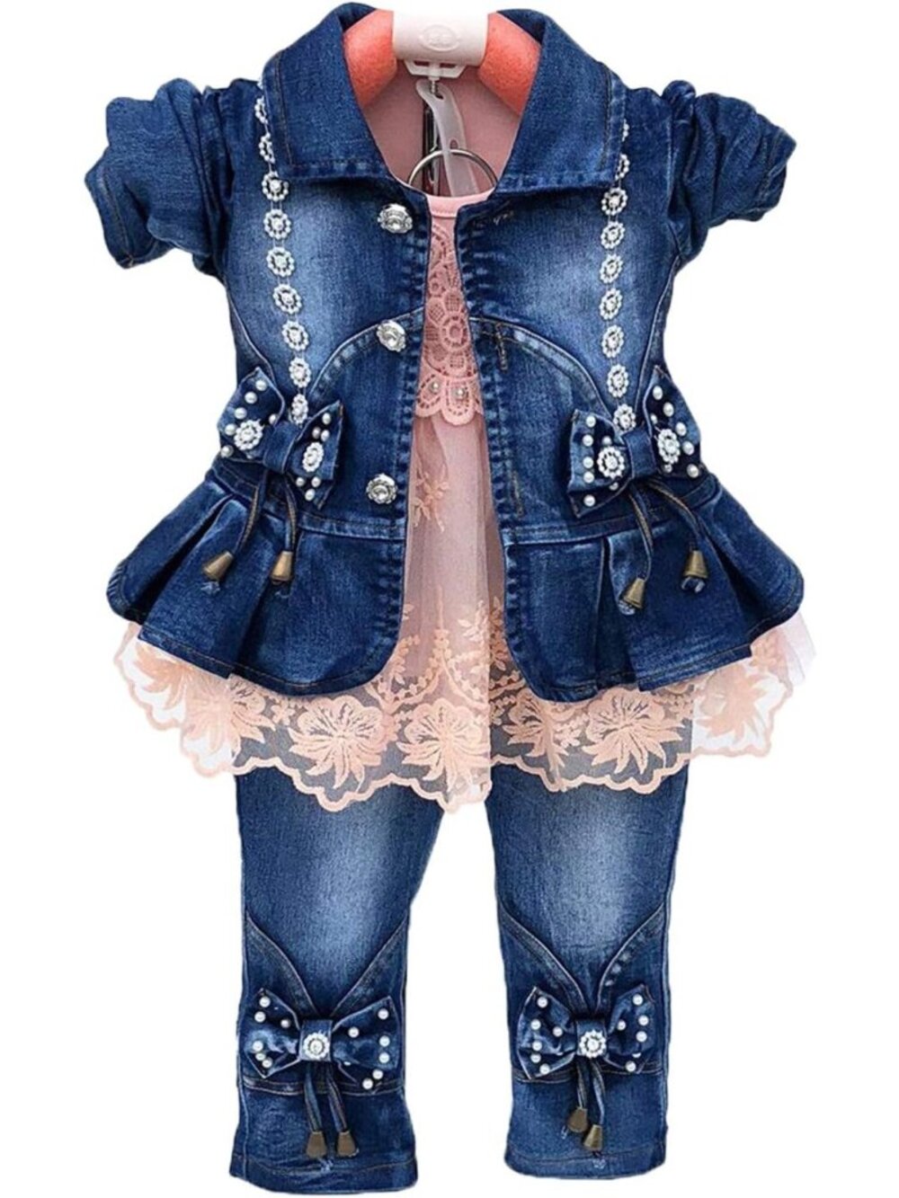 Chic 3-Piece Little Girls' Outfit Set: Long Sleeve Tee, Denim Jacket & Jeans